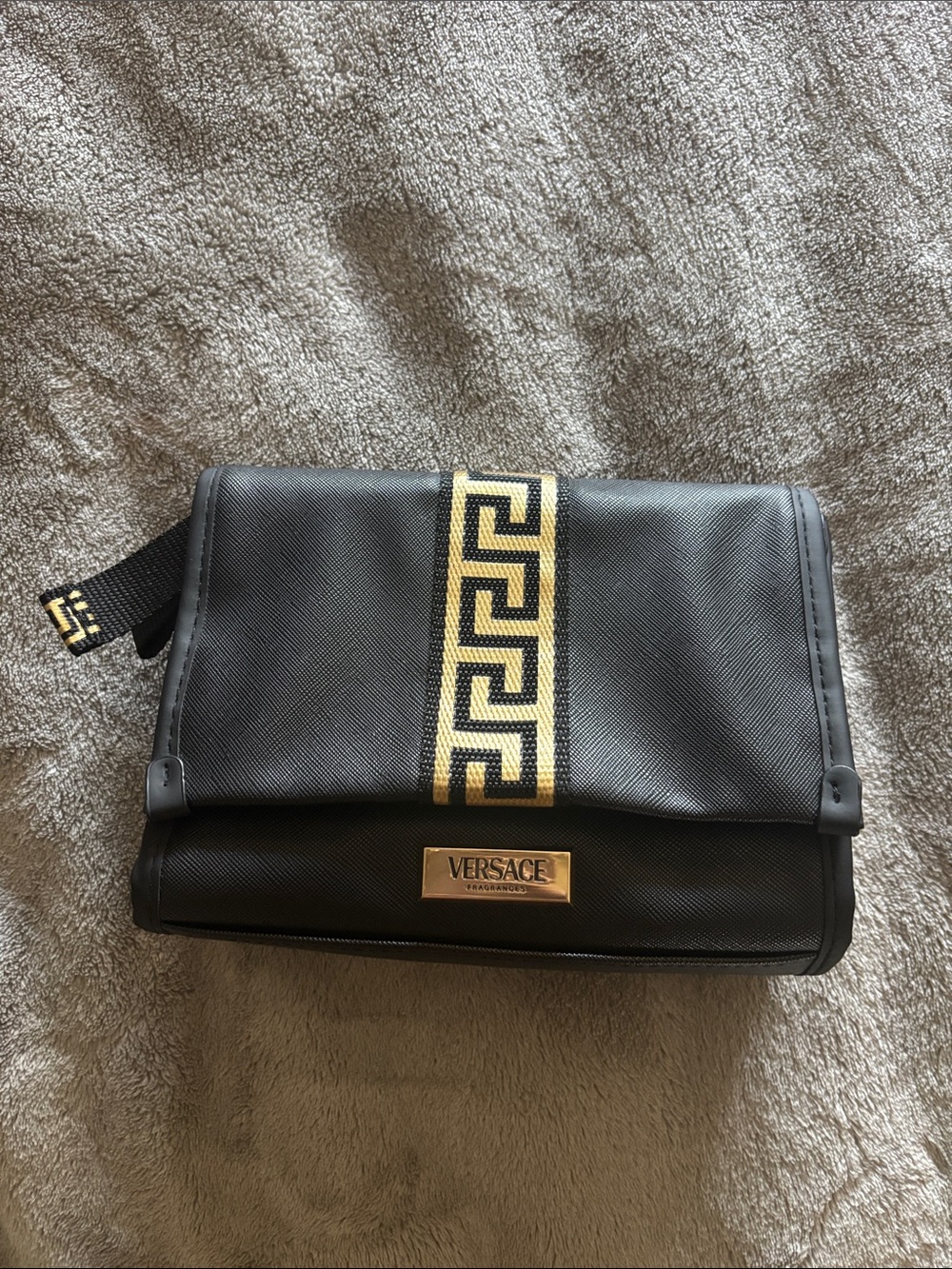 Versace Black and Gold Toiletry Pouch with Greek Key Trim